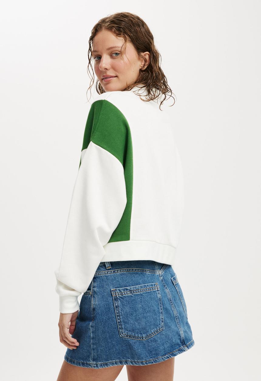 Cotton On - Classic Fleece Button Up Sweatshirt - White & Emerald Green