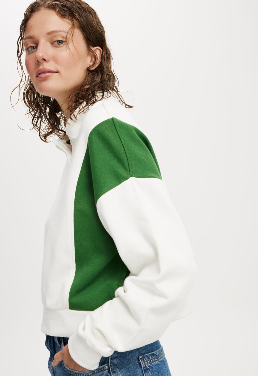 Cotton On - Classic Fleece Button Up Sweatshirt - White & Emerald Green