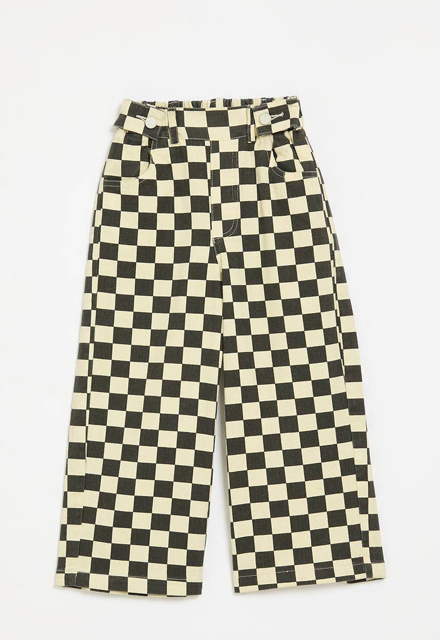 Pop Candy - Wide leg checker board pants-black & ecru