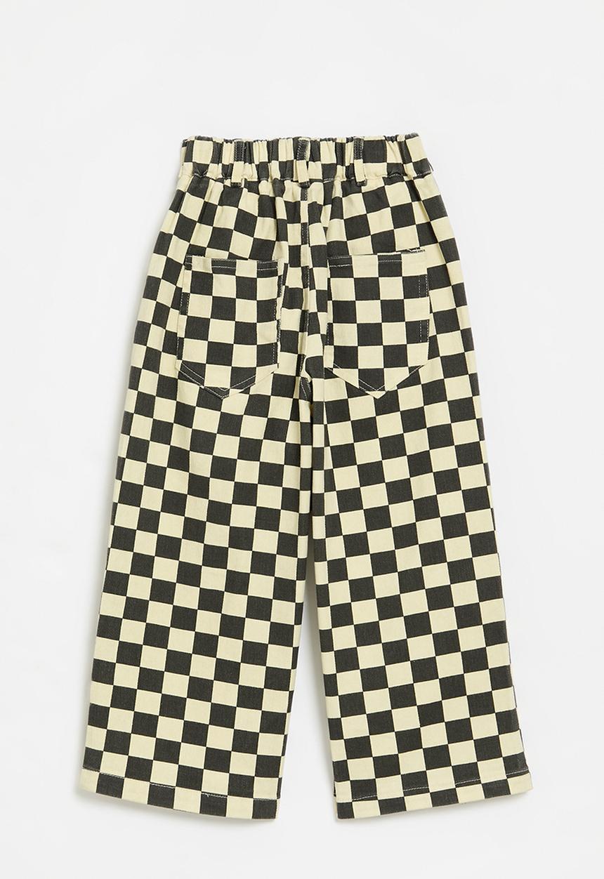 Pop Candy - Wide leg checker board pants-black & ecru