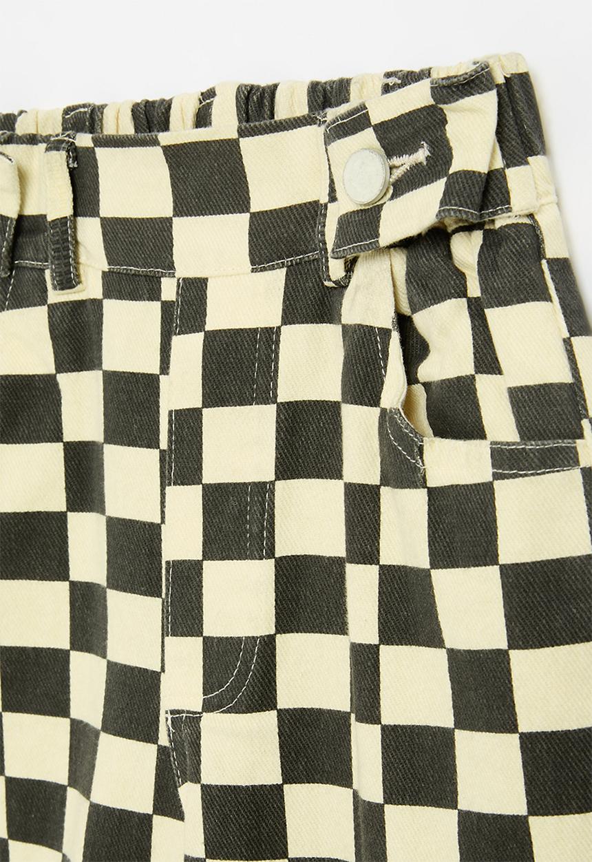Pop Candy - Wide leg checker board pants-black & ecru