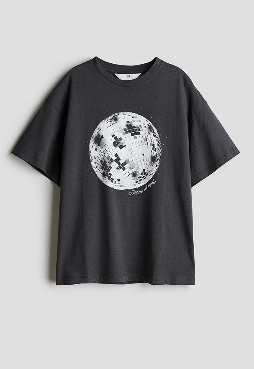 H&M - Oversized print-motif T-shirt - Dark grey/Disco ball