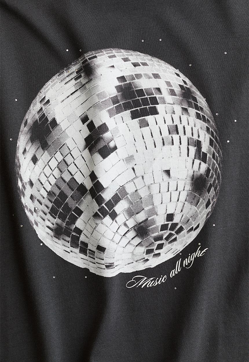 H&M - Oversized print-motif T-shirt - Dark grey/Disco ball