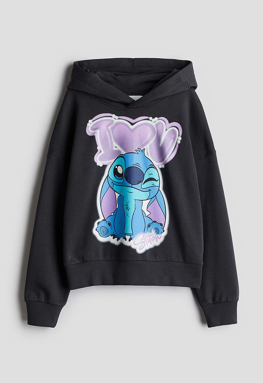 H&M - Oversized printed hoodie - Dark grey/Lilo & Stitch