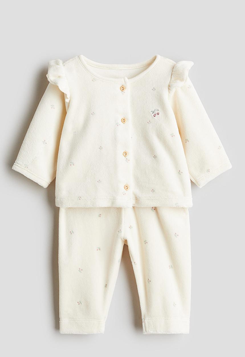 H&M - 2-piece velour set - Light beige/Berries