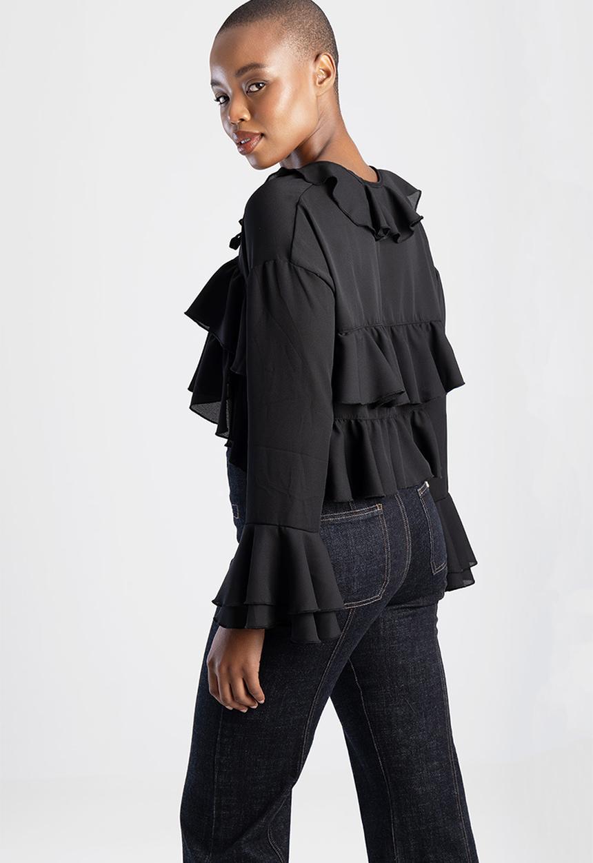 SISSY BOY - NEED TO KNOW: Cropped Longsleeve Blouse With Ruffles - Black