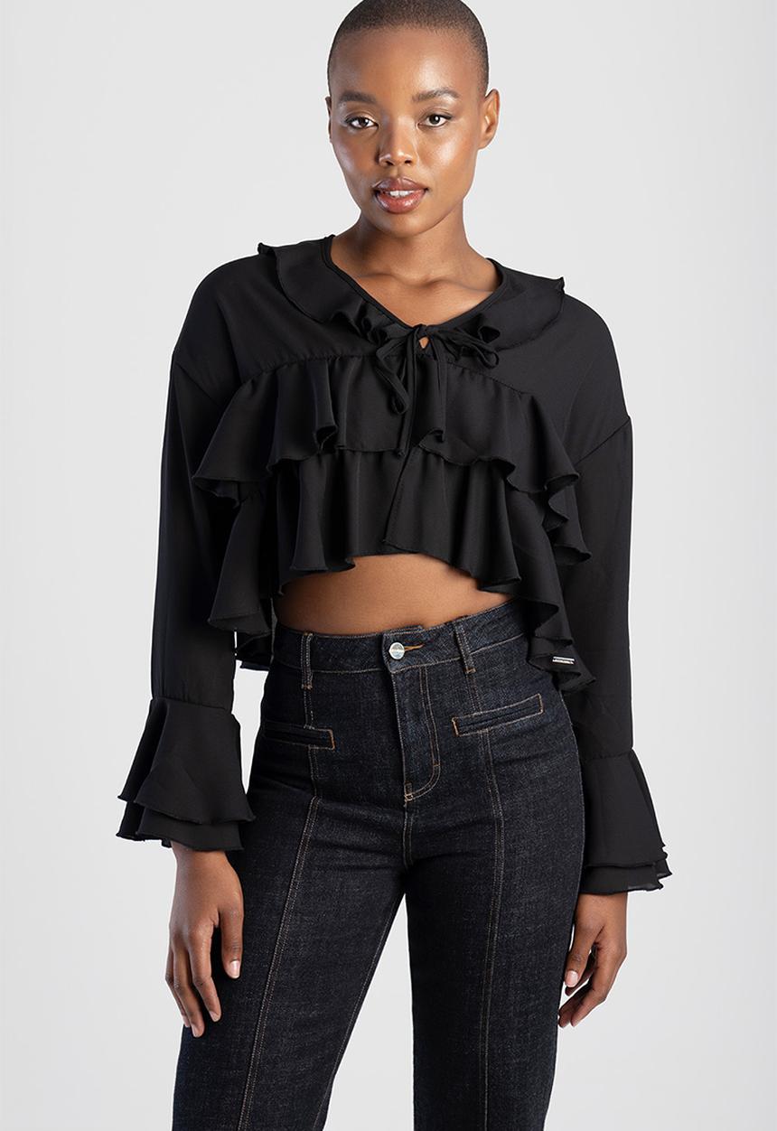 SISSY BOY - NEED TO KNOW: Cropped Longsleeve Blouse With Ruffles - Black