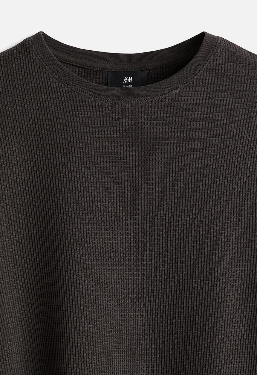 H&M - Slim fit waffled jersey top - dark brown