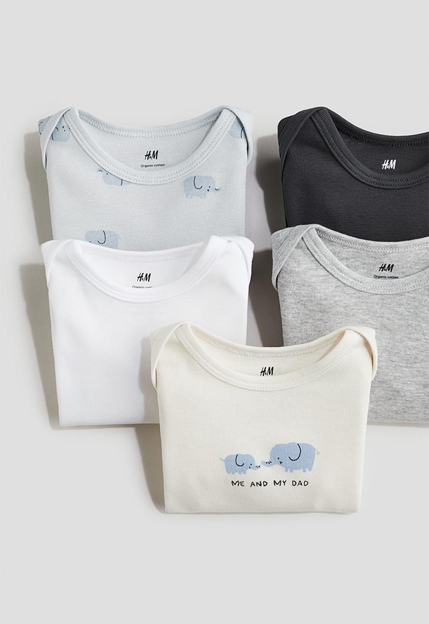 H&M - 5 Pack long-sleeved bodysuits - light blue/elephants