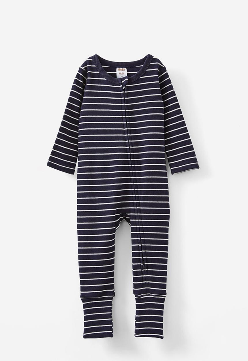 Cotton On - The long sleeve rib romper - navy ink/vanilla riley stripe