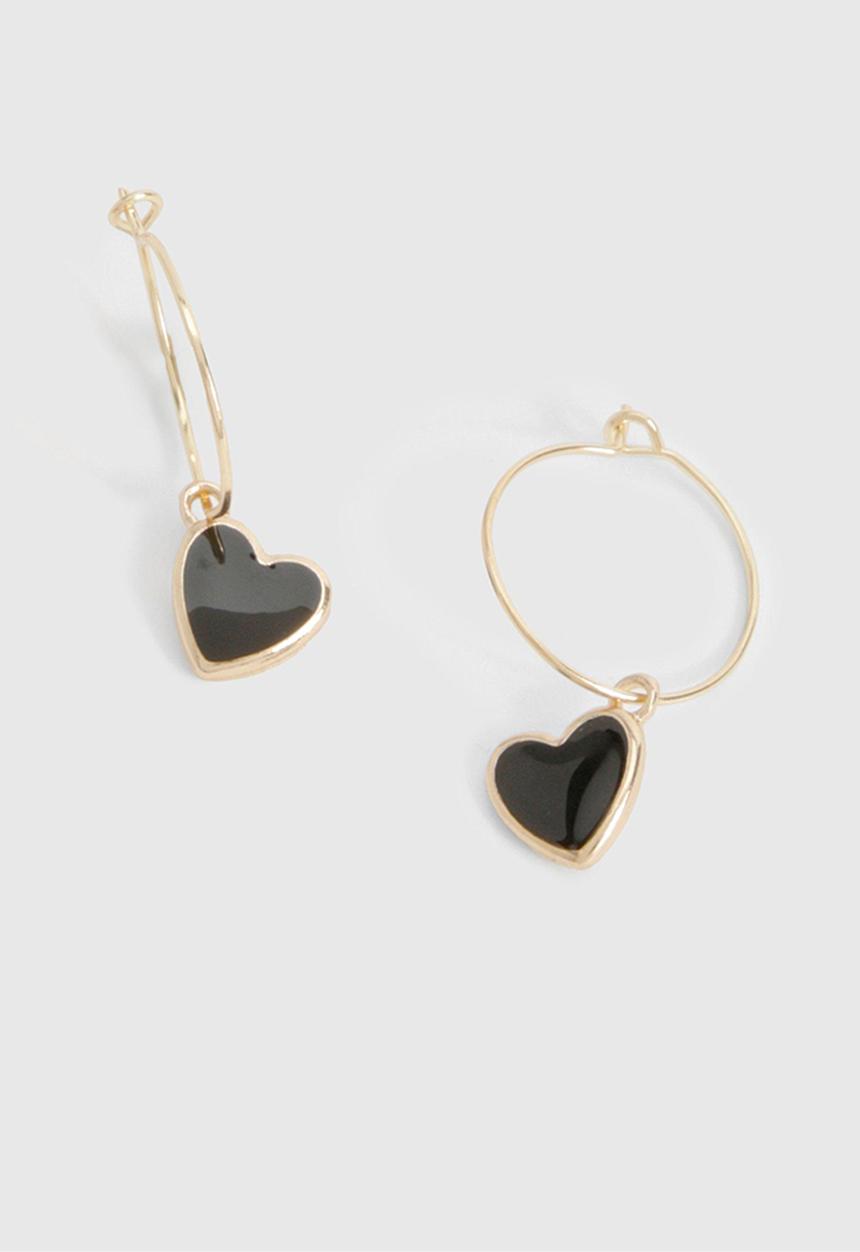 boohoo - Black heart drop earrings - gold