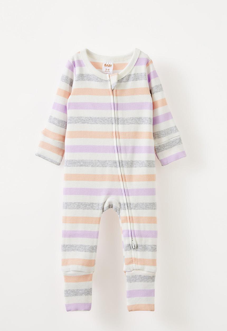 Cotton On - The long sleeve rib romper - vanilla/vintage lilac multi stripe