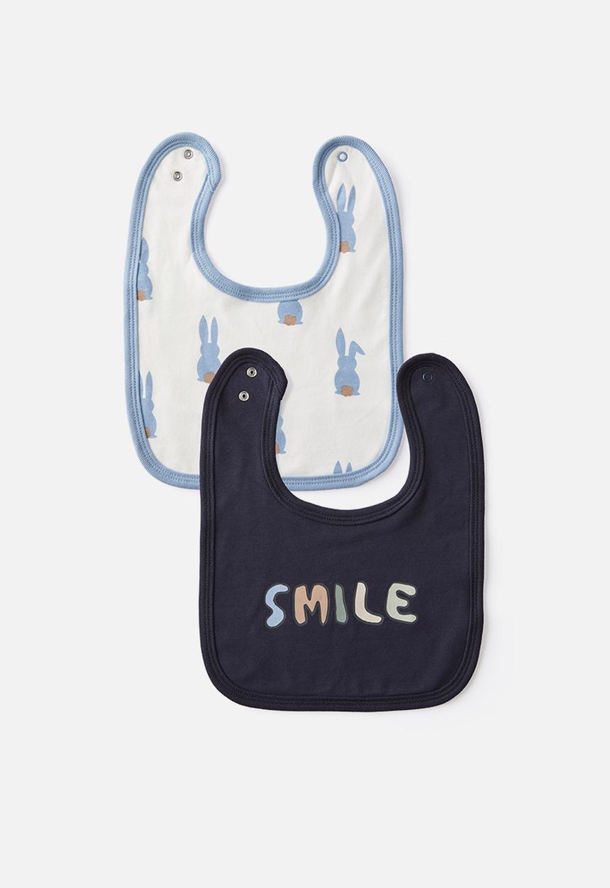 Cotton On - 2 Pack the baby bib - dusty blue/bunny tails & navy ink/smile