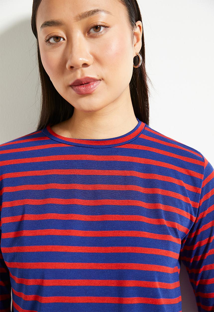 Trendyol - Red-navy striped crew neck knitted t-shirt