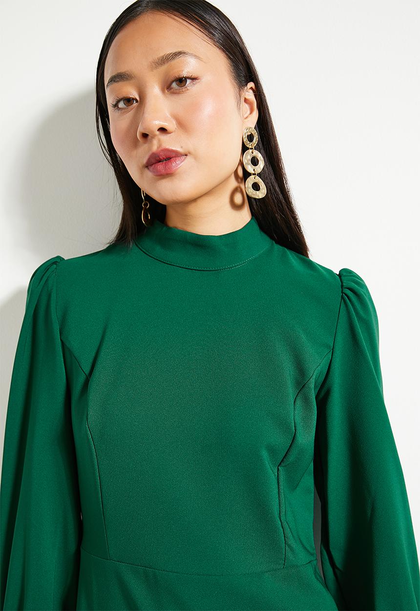 Trendyol - High Neck A-Line Gathered Mini Woven Dress - Emerald Green 