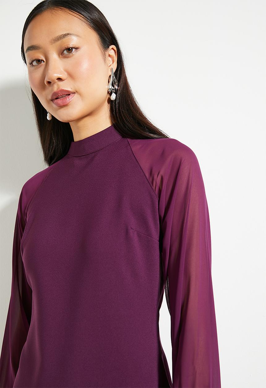 Trendyol - High Collar Sleeve Detailed Midi Woven Dress - Plum 