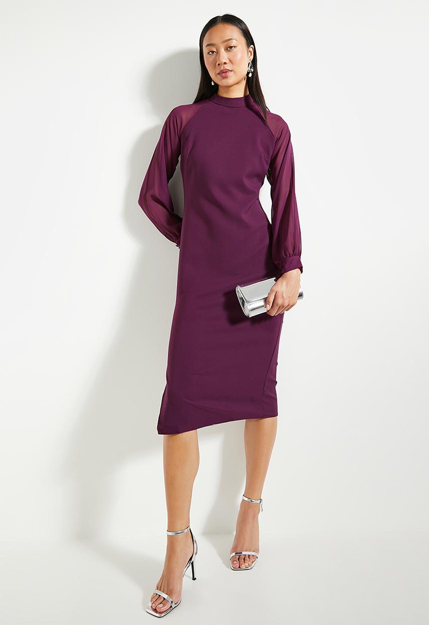 Trendyol - High Collar Sleeve Detailed Midi Woven Dress - Plum 