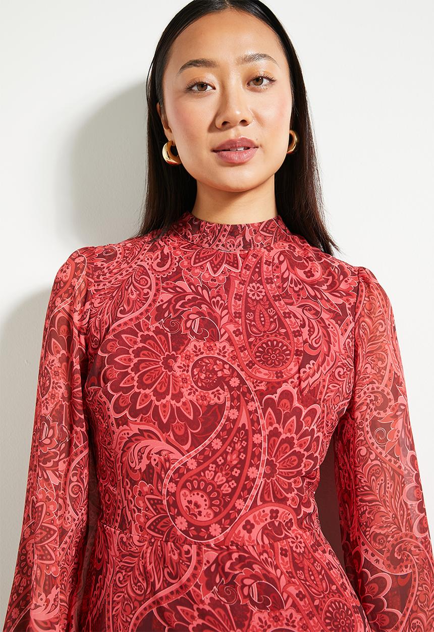 Red Pattern Flounce Midi Woven Winter Dress