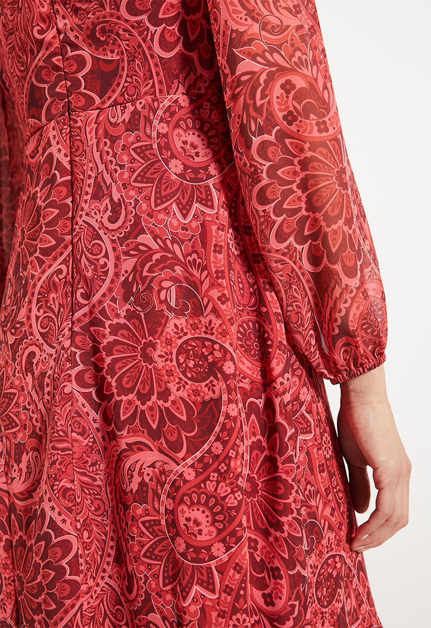 Red Pattern Flounce Midi Woven Winter Dress