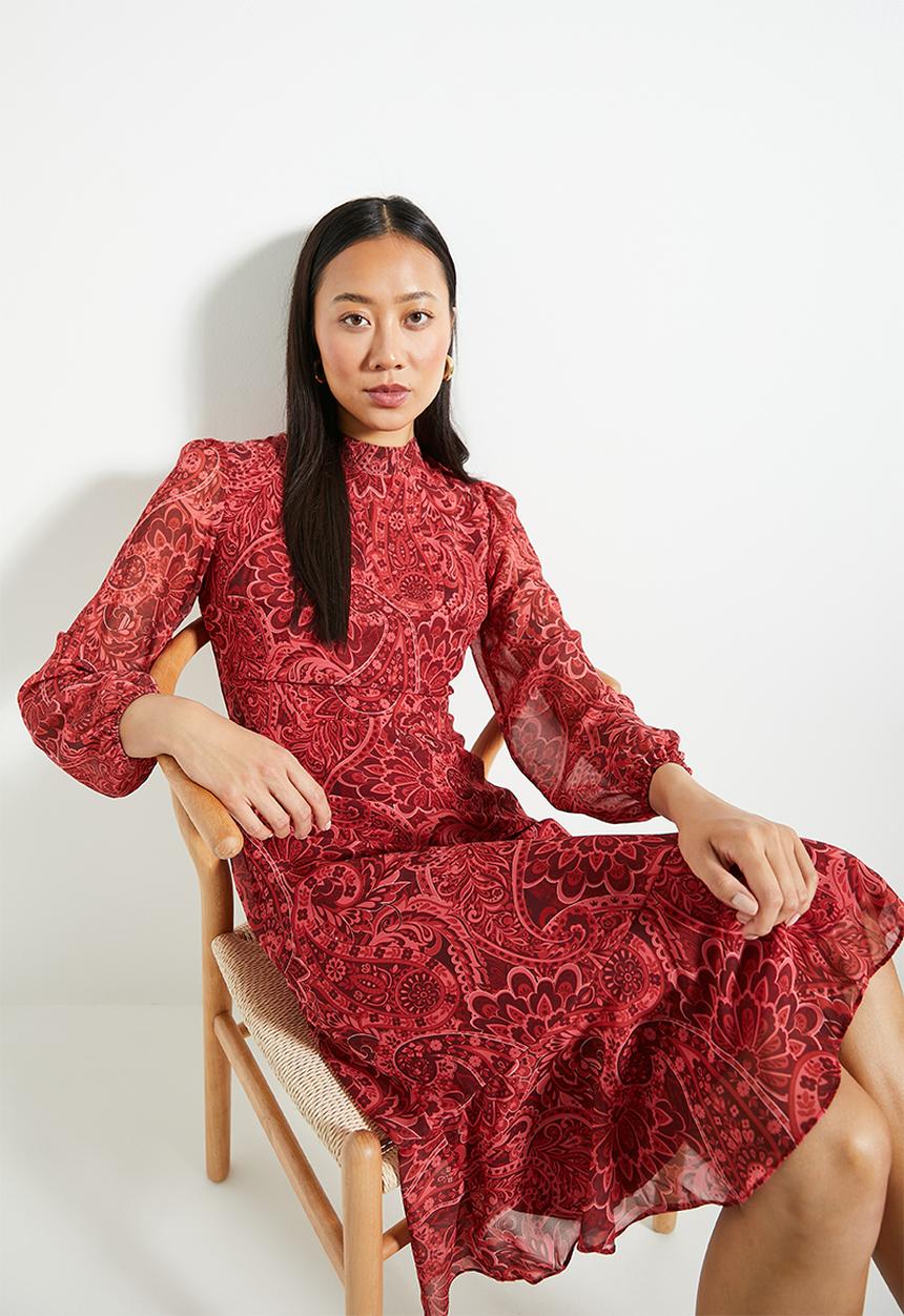 Red Pattern Flounce Midi Woven Winter Dress
