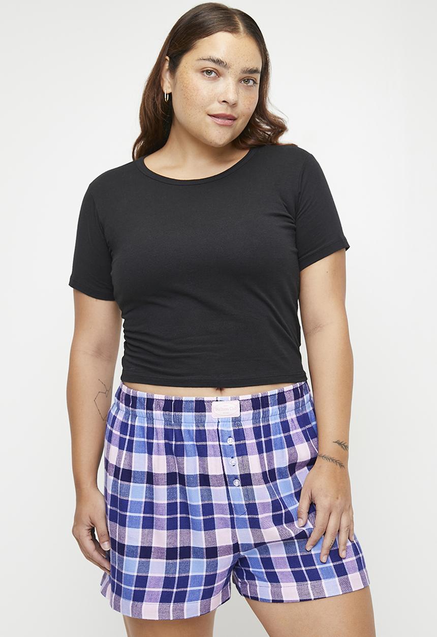 Cotton On - Plus Flannel Boyfriend Boxer Short - Blue/ Pink Thomas Check