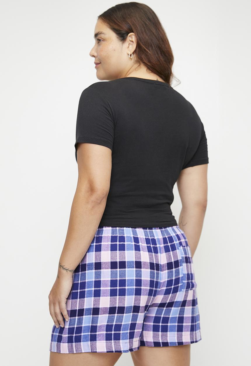 Cotton On - Plus Flannel Boyfriend Boxer Short - Blue/ Pink Thomas Check