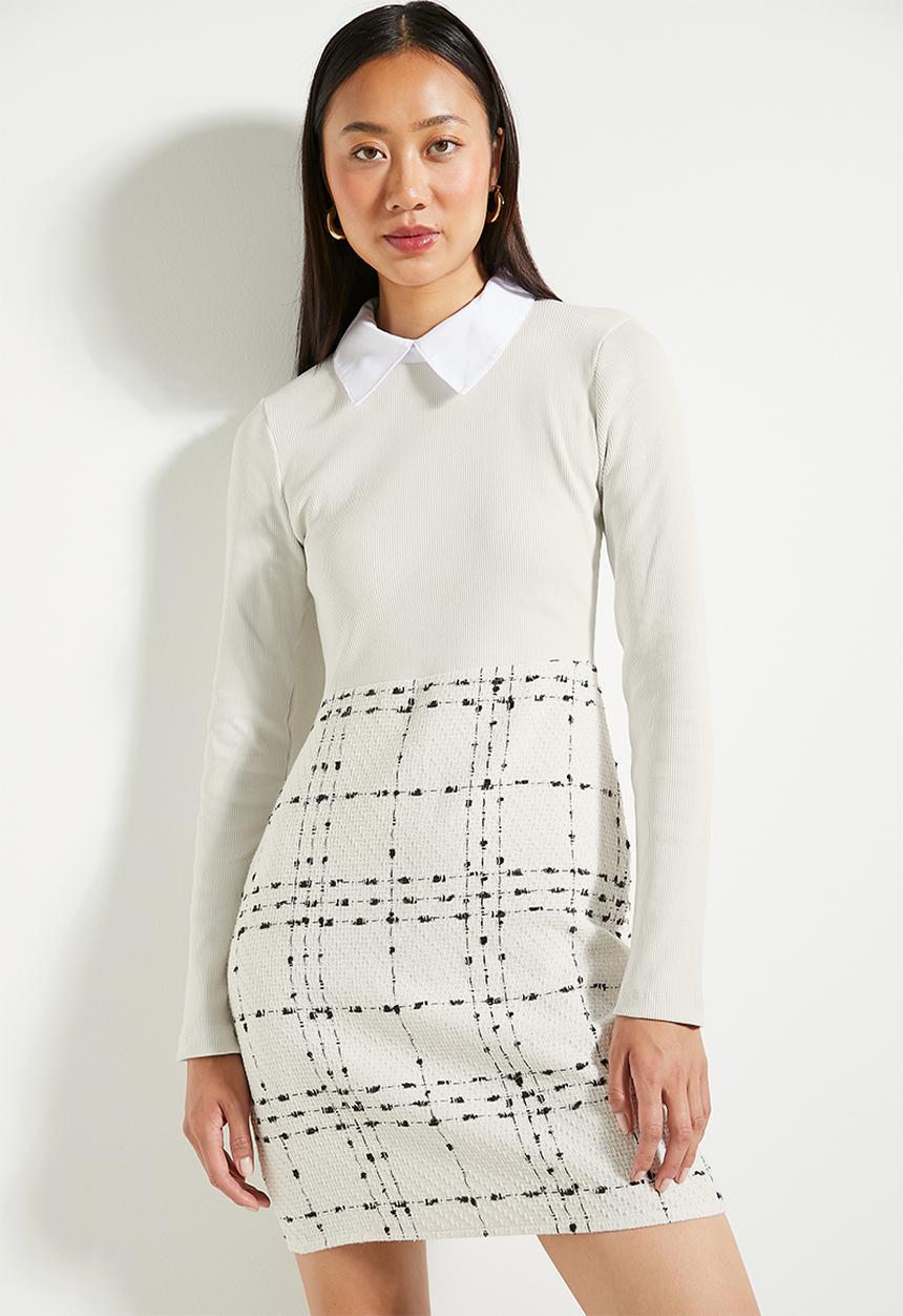Trendyol - Ecru Plaid Knit Detailed Mini Woven Dress