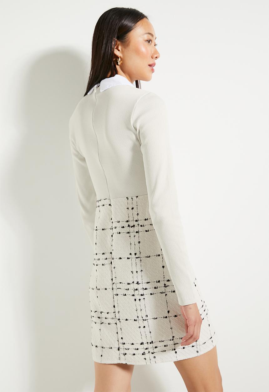 Trendyol - Ecru Plaid Knit Detailed Mini Woven Dress