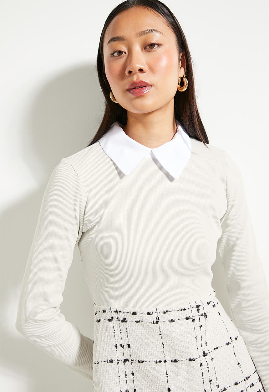 Trendyol - Ecru Plaid Knit Detailed Mini Woven Dress