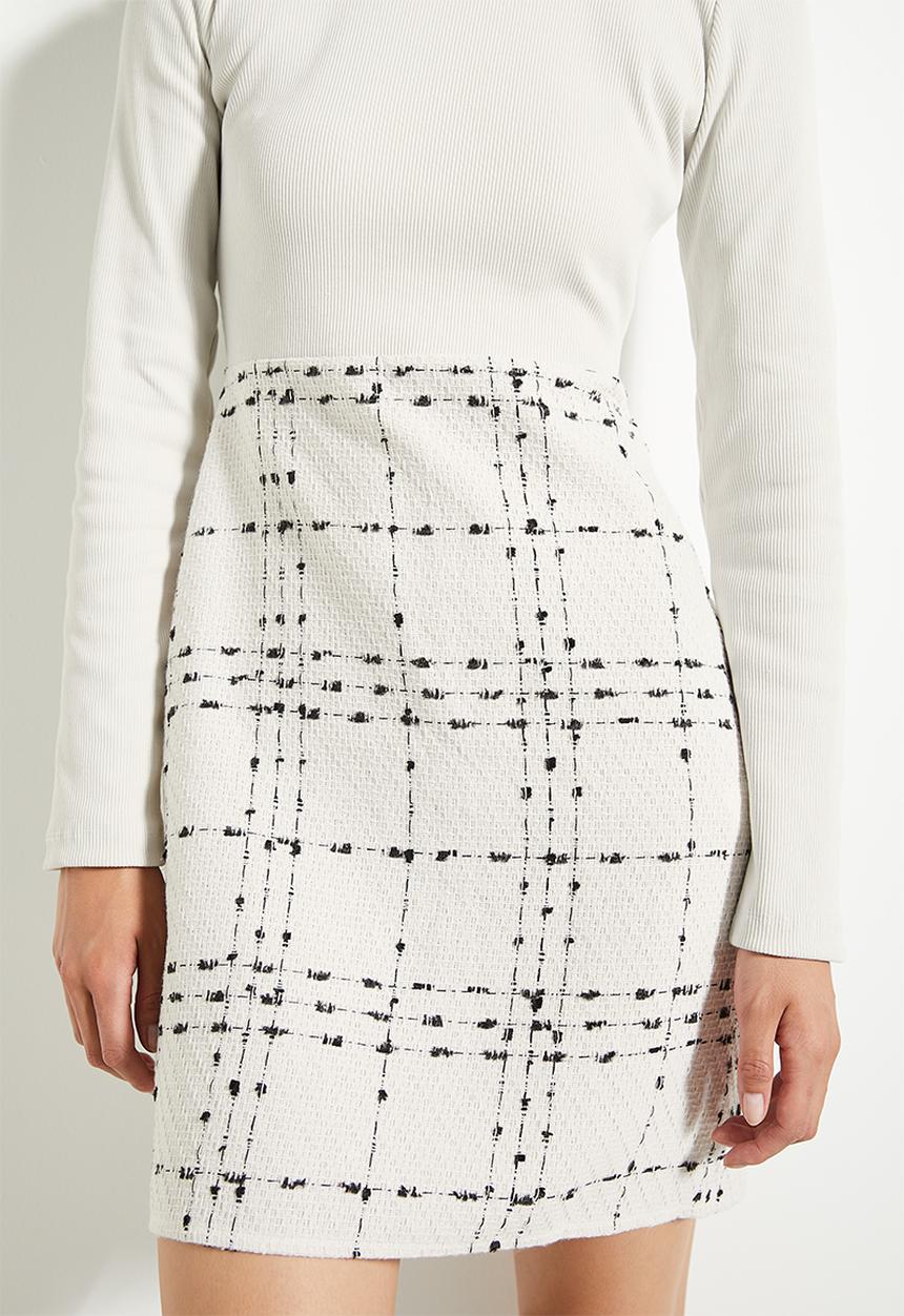 Trendyol - Ecru Plaid Knit Detailed Mini Woven Dress