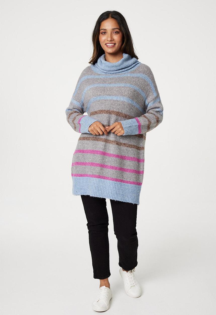 Stella Morgan - Striped Roll Neck Longline Sweater - Grey Melange