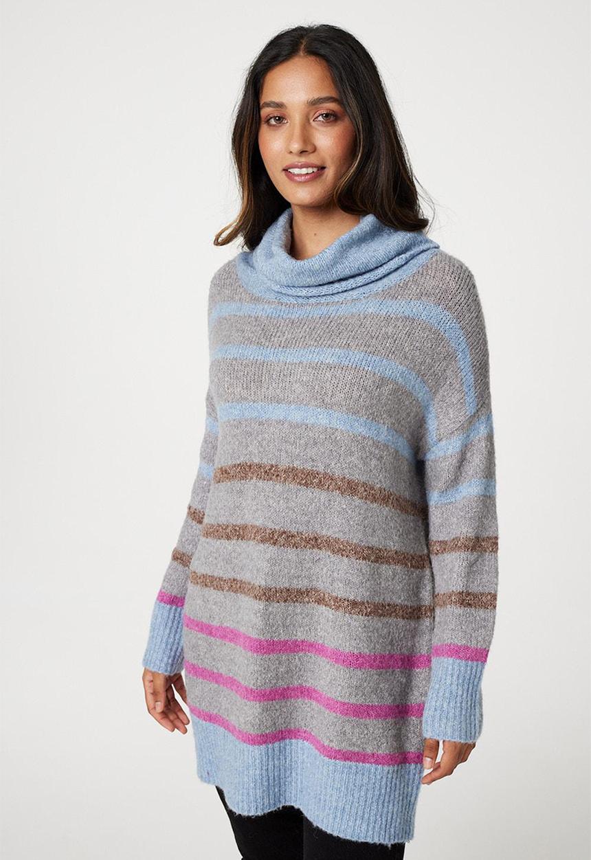 Stella Morgan - Striped Roll Neck Longline Sweater - Grey Melange