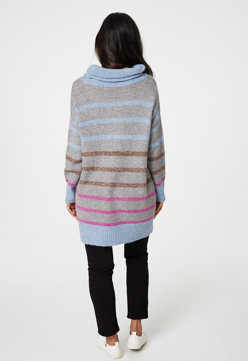 Stella Morgan - Striped Roll Neck Longline Sweater - Grey Melange