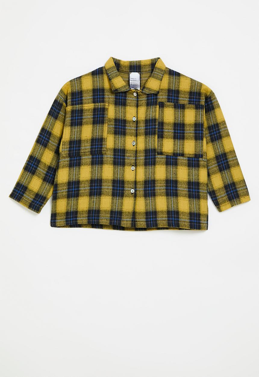 Pop Candy - Navy tartan shirt - yellow