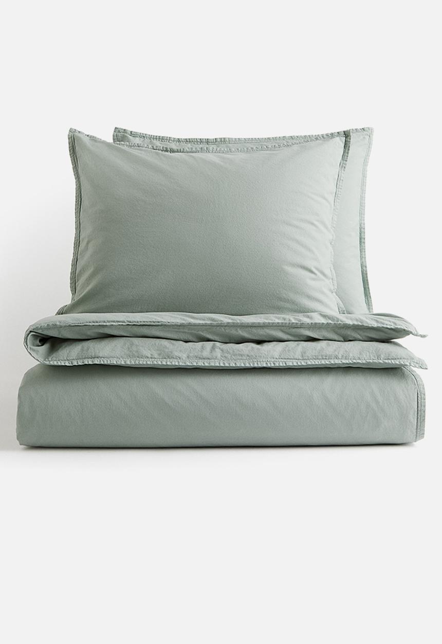 H&M - Washed cotton double/king duvet cover set - green