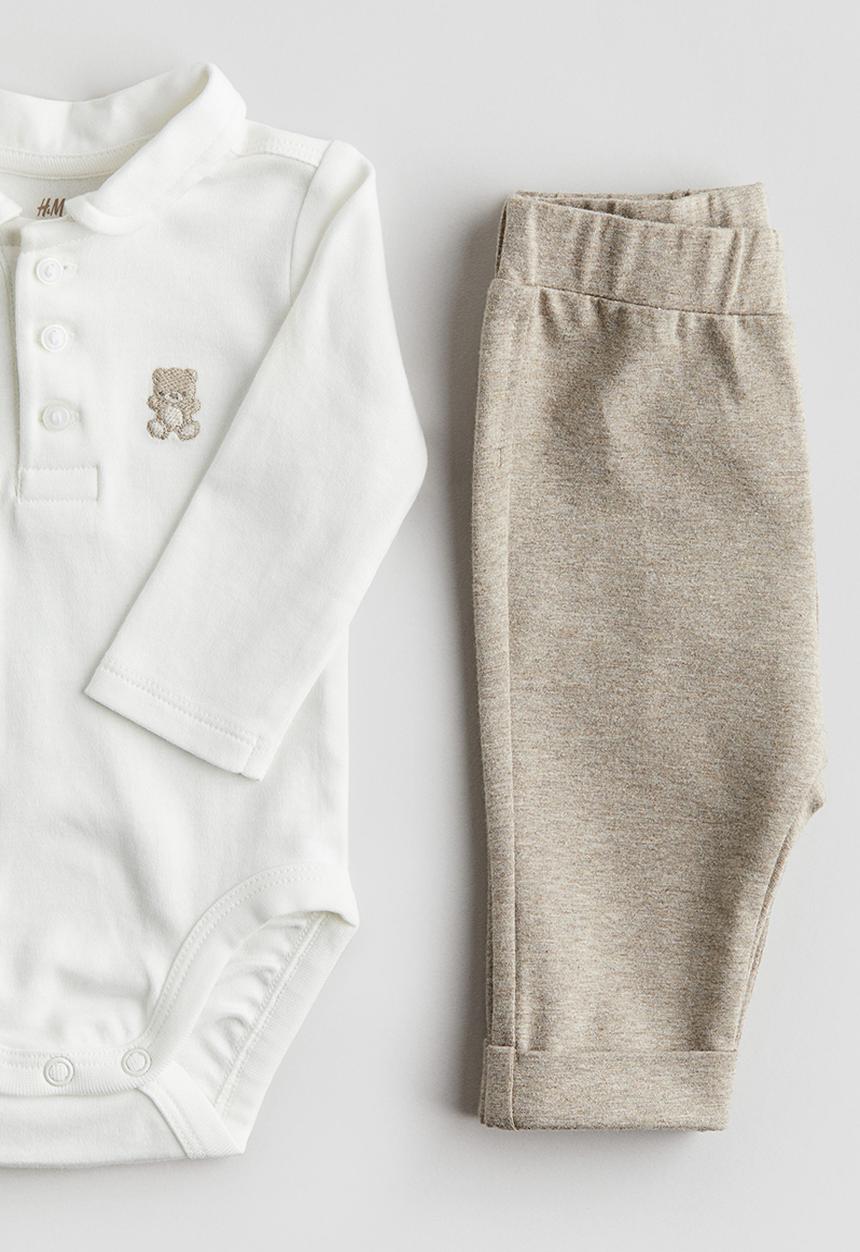 H&M - 2-piece bodysuit and trousers set - white & beige