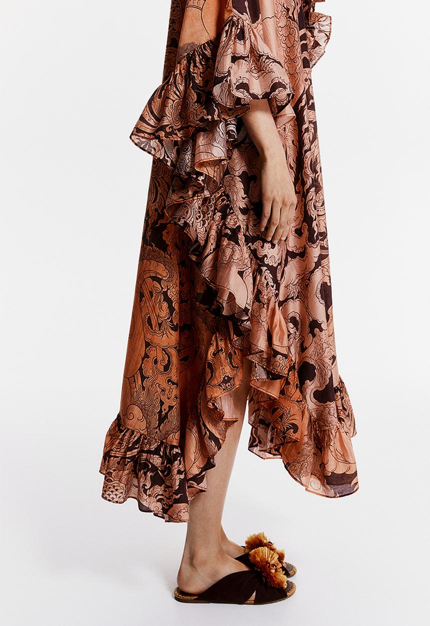 H&M - THE WHITE LOTUS H&M - Ruffled kaftan dress - orange patterned