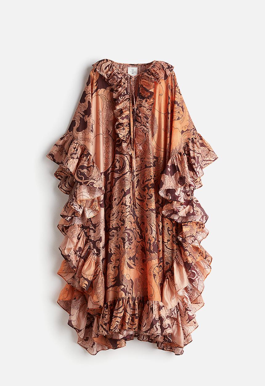 H&M - THE WHITE LOTUS H&M - Ruffled kaftan dress - orange patterned