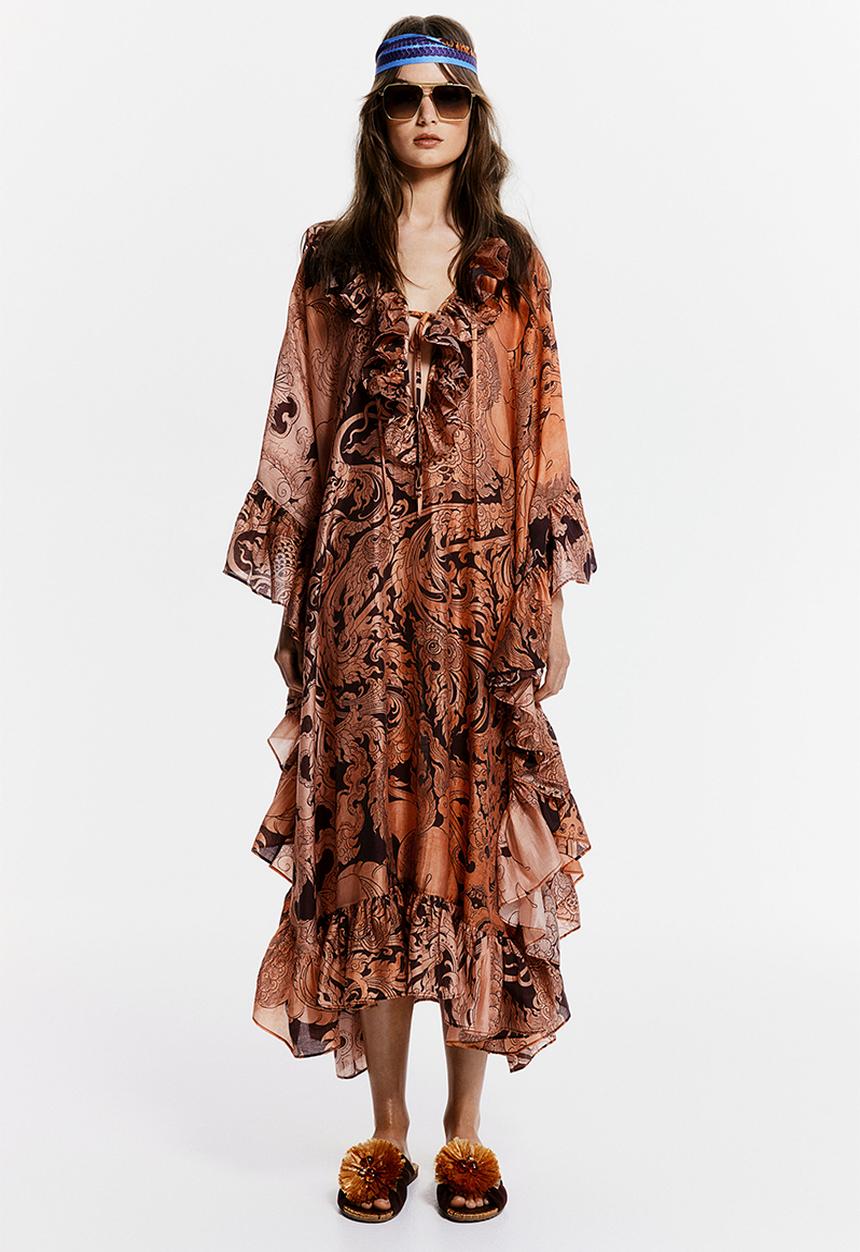 h&m orange and white dress THE WHITE LOTUS H&M - Ruffled kaftan dress - orange/patterned