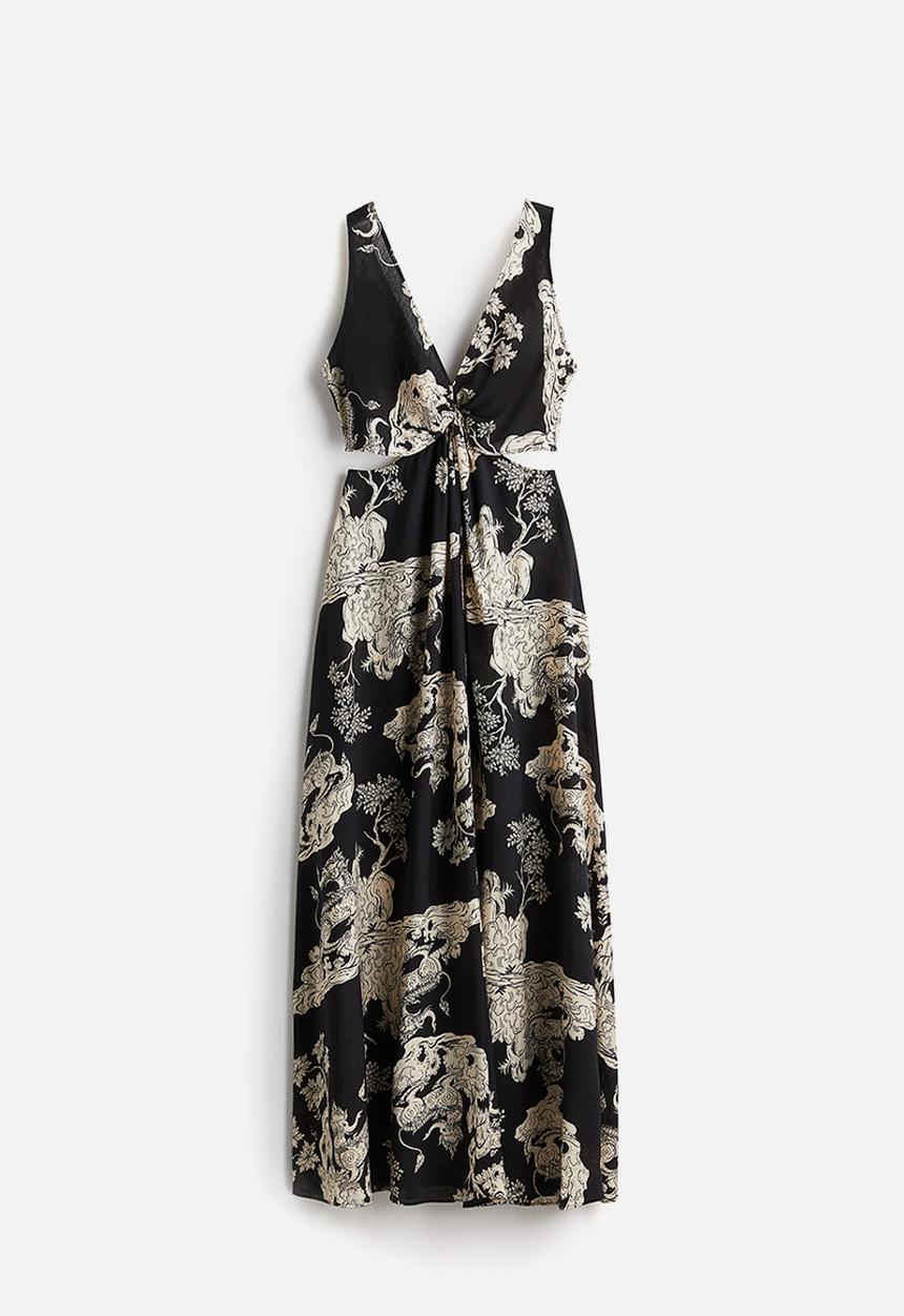 H&M - THE WHITE LOTUS H&M - Twist-detail patterned dress - black patterned 