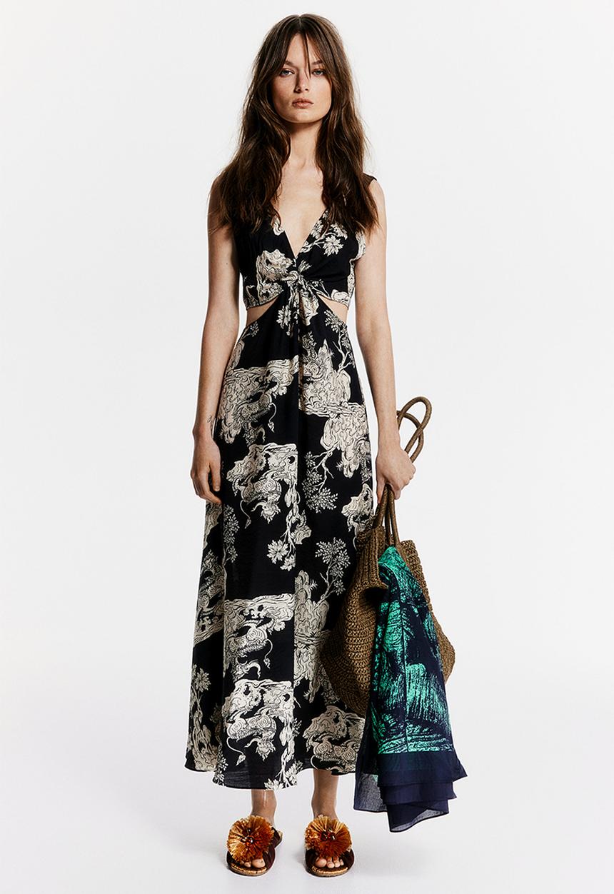 H&M - THE WHITE LOTUS H&M - Twist-detail patterned dress - black patterned 