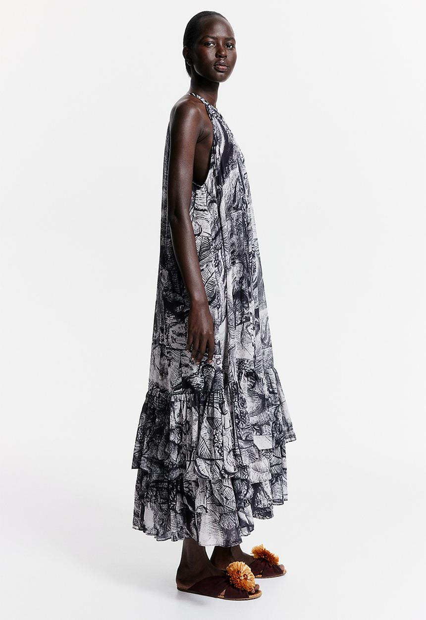 H&M - THE WHITE LOTUS H&M - Patterned chiffon dress - black elephants