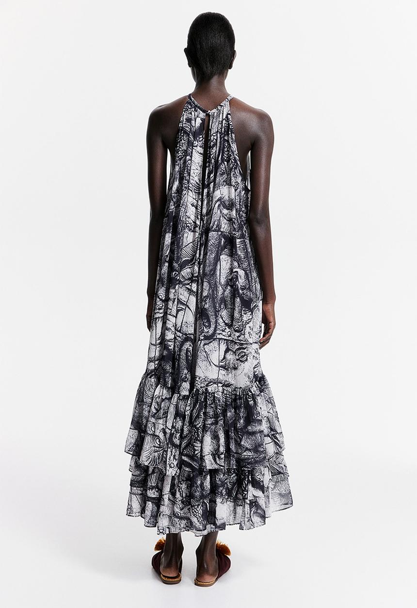 H&M - THE WHITE LOTUS H&M - Patterned chiffon dress - black elephants