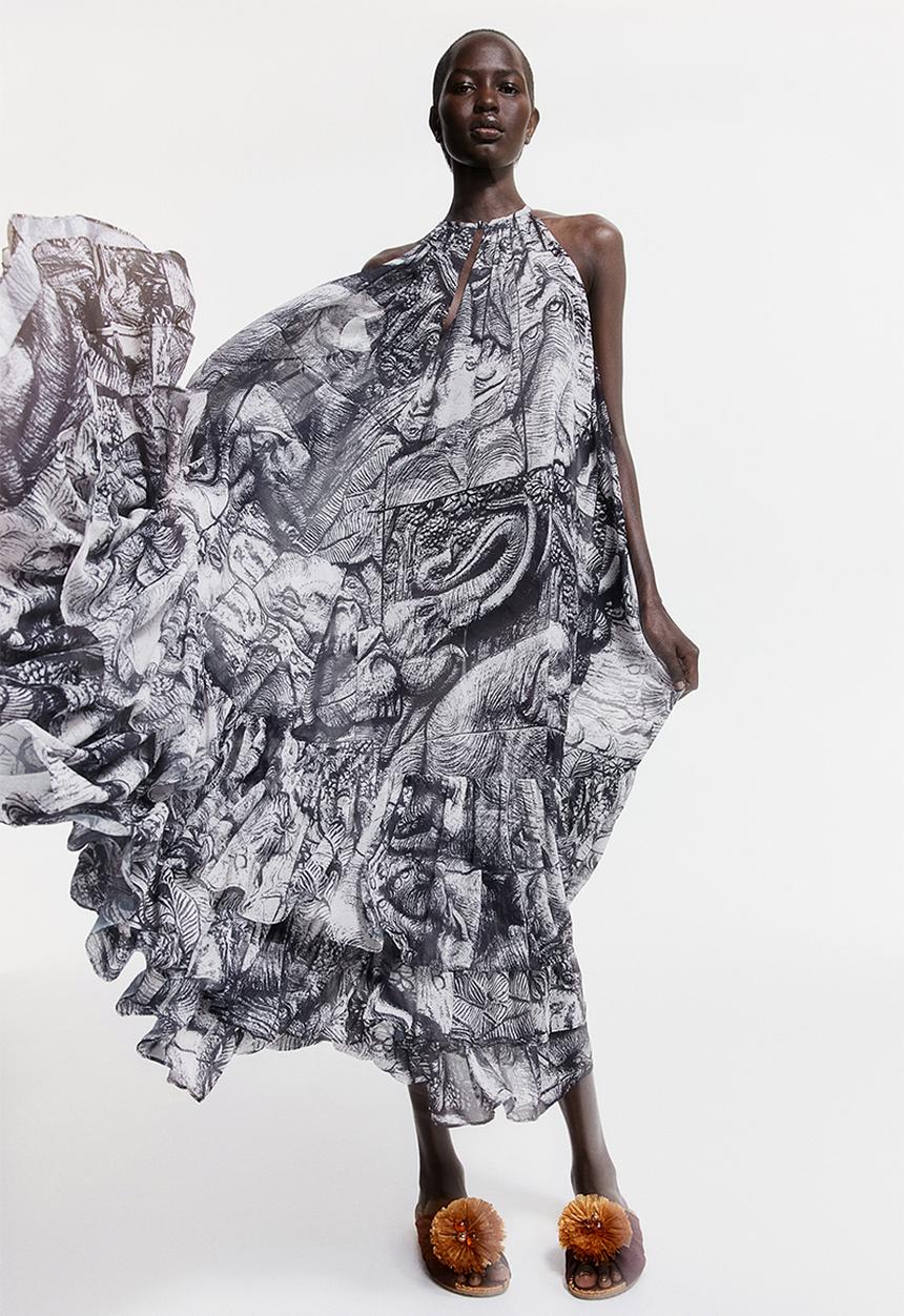 H&M - THE WHITE LOTUS H&M - Patterned chiffon dress - black elephants