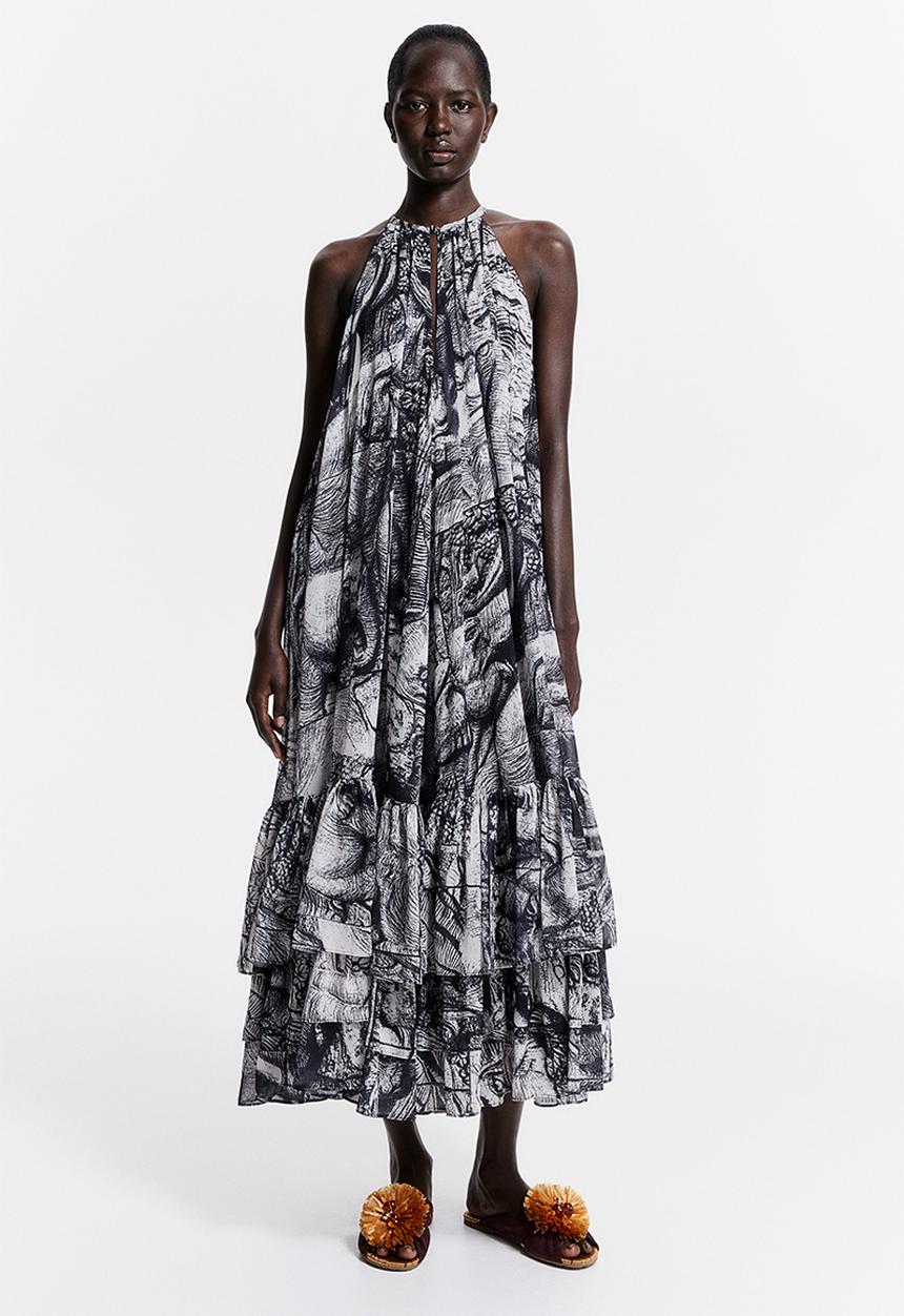 H&M - THE WHITE LOTUS H&M - Patterned chiffon dress - black elephants