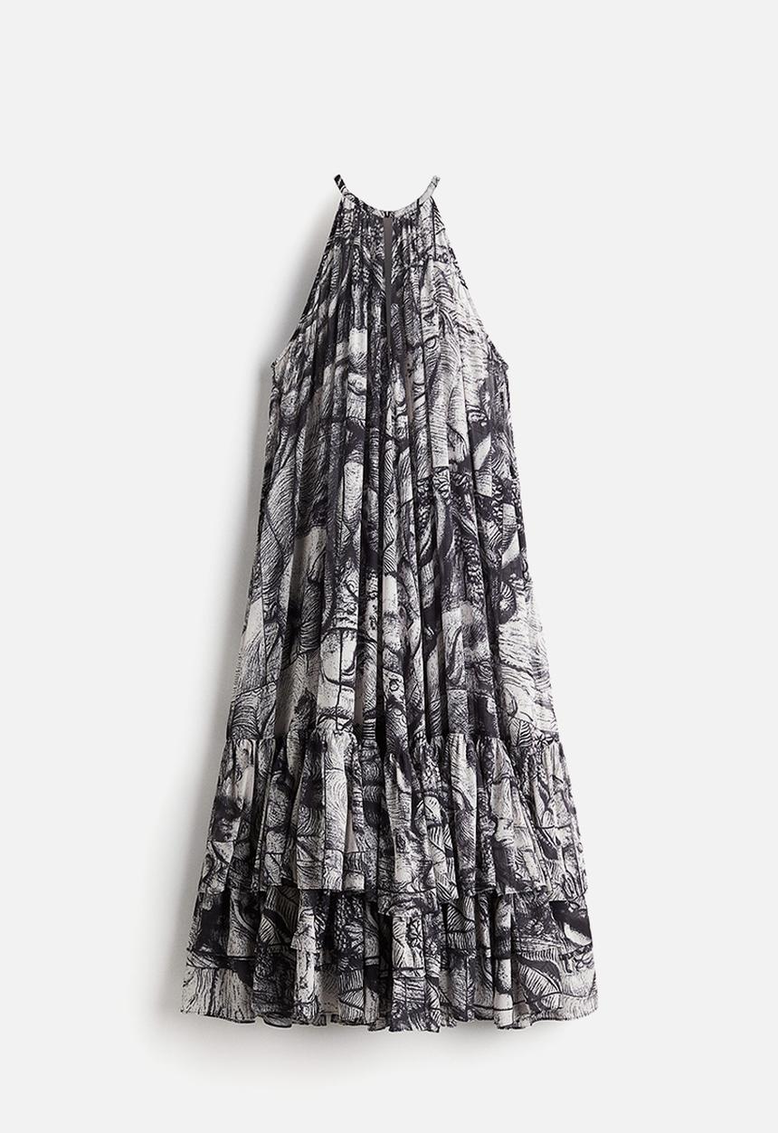 H&M - THE WHITE LOTUS H&M - Patterned chiffon dress - black elephants