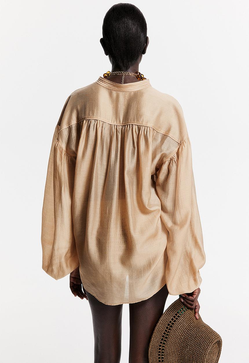 H&M - THE WHITE LOTUS H&M - Balloon-sleeved blouse - beige