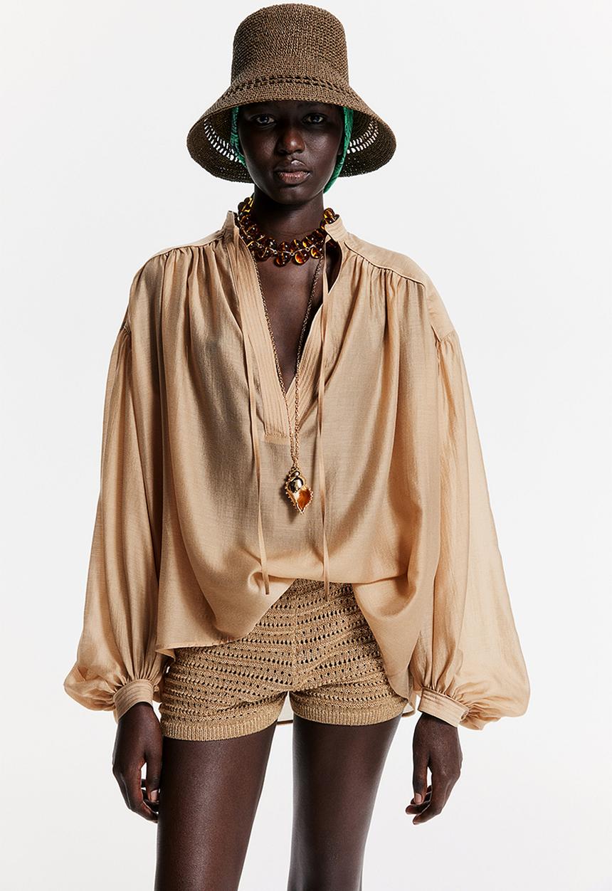 H&M - THE WHITE LOTUS H&M - Balloon-sleeved blouse - beige
