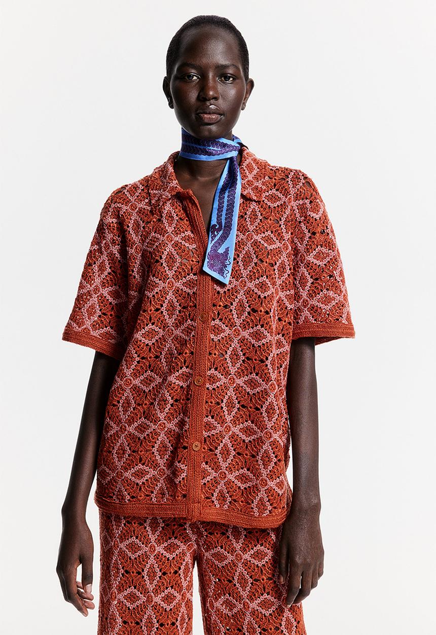 H&M - THE WHITE LOTUS H&M - Crocheted shirt - orange patterned