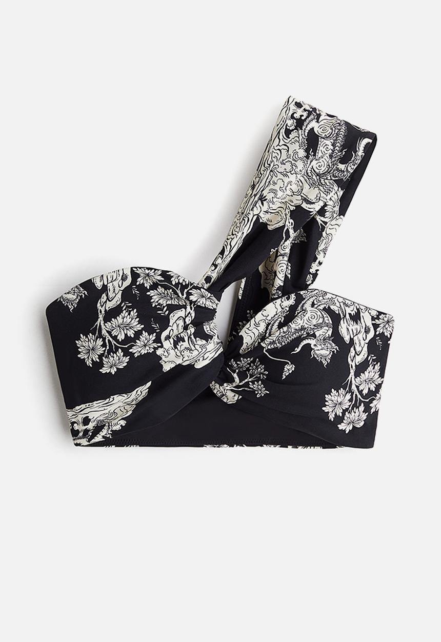 H&M - THE WHITE LOTUS H&M - Patterned one-shoulder bikini top - black 